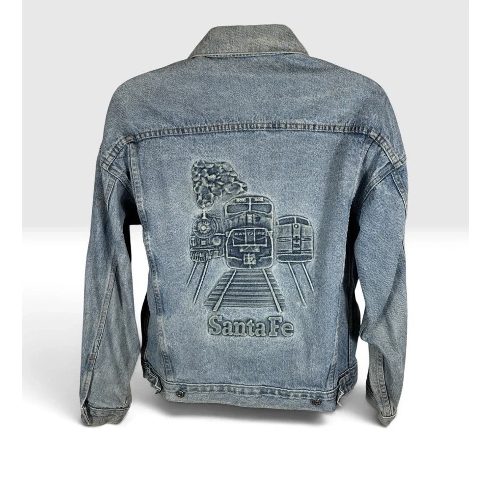VTG ATSF Railroad Santa Fe Men's Train Denim Embossed Jean Jacket Med USA -2202